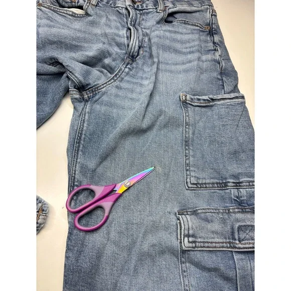 American Eagle Jeans 10 Blue Curvy Super High Rise Baggy Wide Leg Cargo - Picture 11 of 14